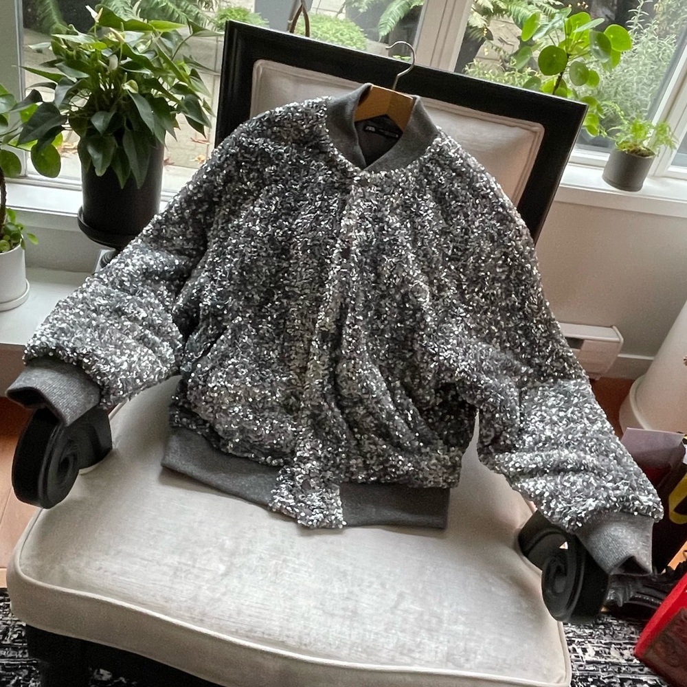 Zara Silver Sequin Bomber Jacket